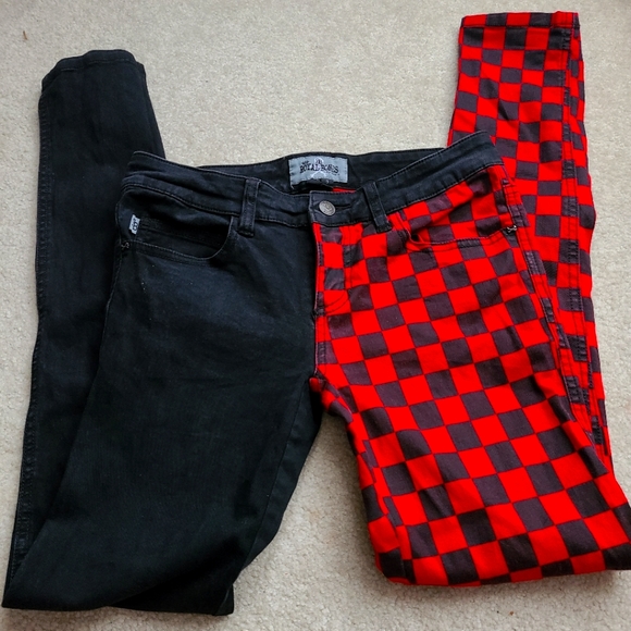 Royal Bones Denim - Royal Bones by Tripp Red Black Checkered Skinny Jeans Size 9 Hot Topic